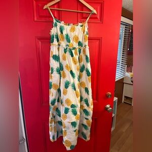 J. Crew White Pineapple Print Midi Dress with Yellow & Green